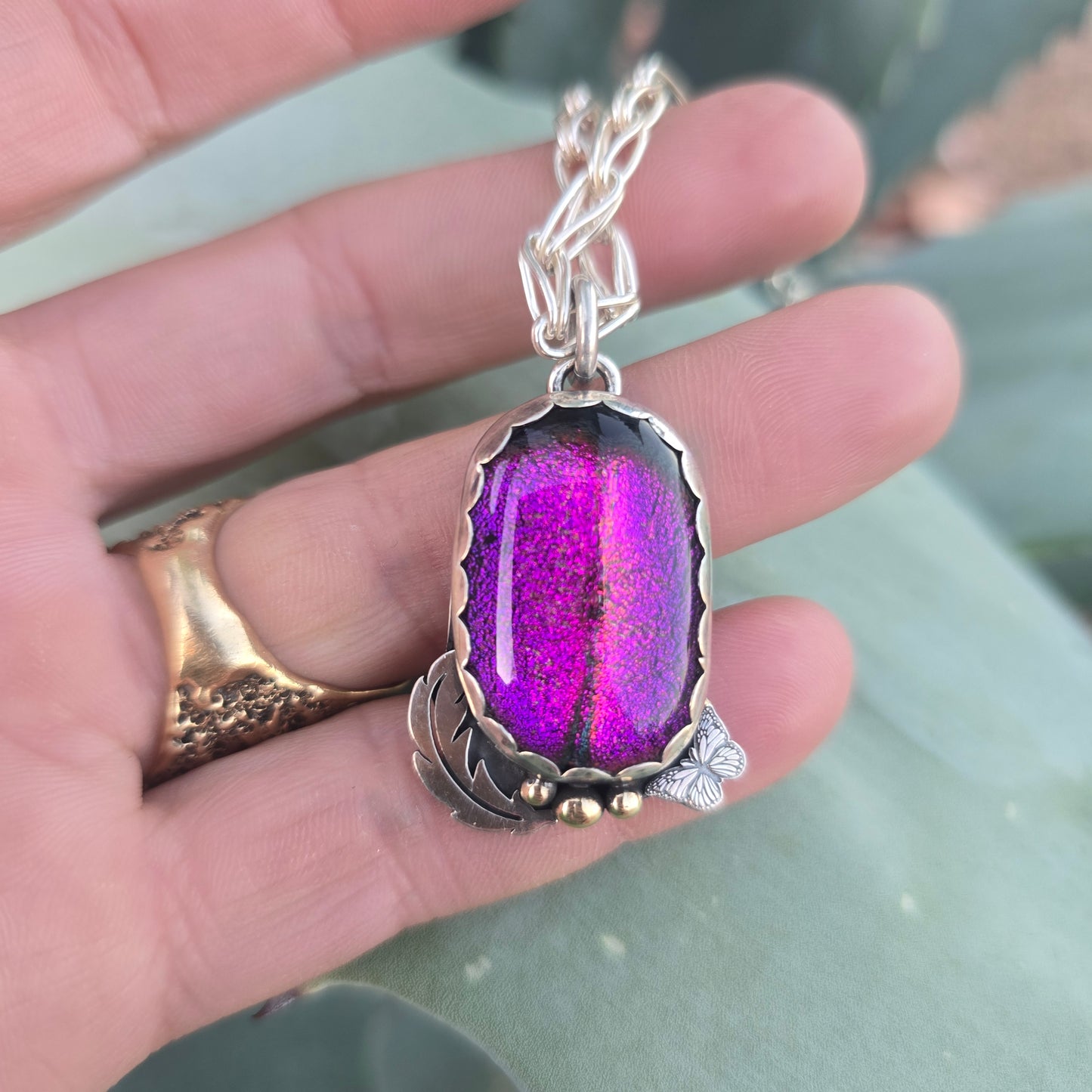 Pink & Orange Dichroic Pendant with Butterfly and Feather (One of a Kind) — 1.5″ Length