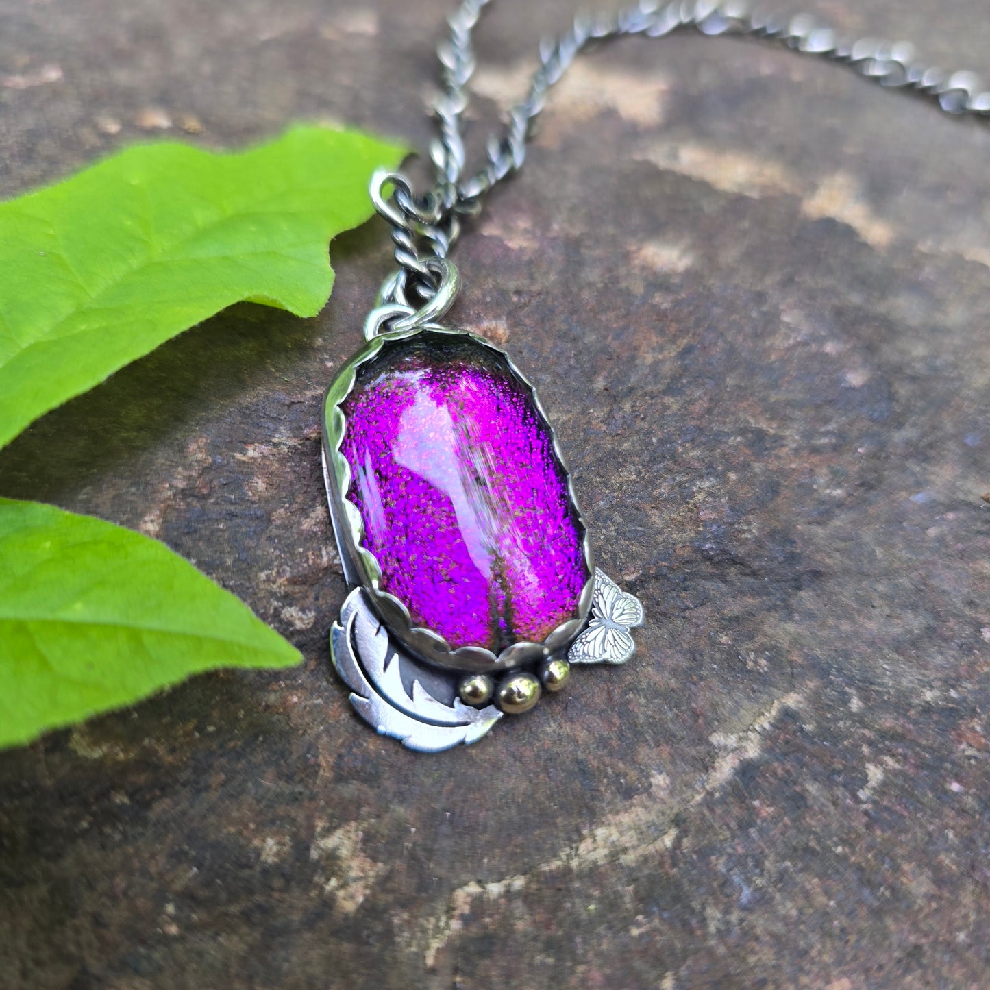 Pink & Orange Dichroic Pendant with Butterfly and Feather (One of a Kind) — 1.5″ Length