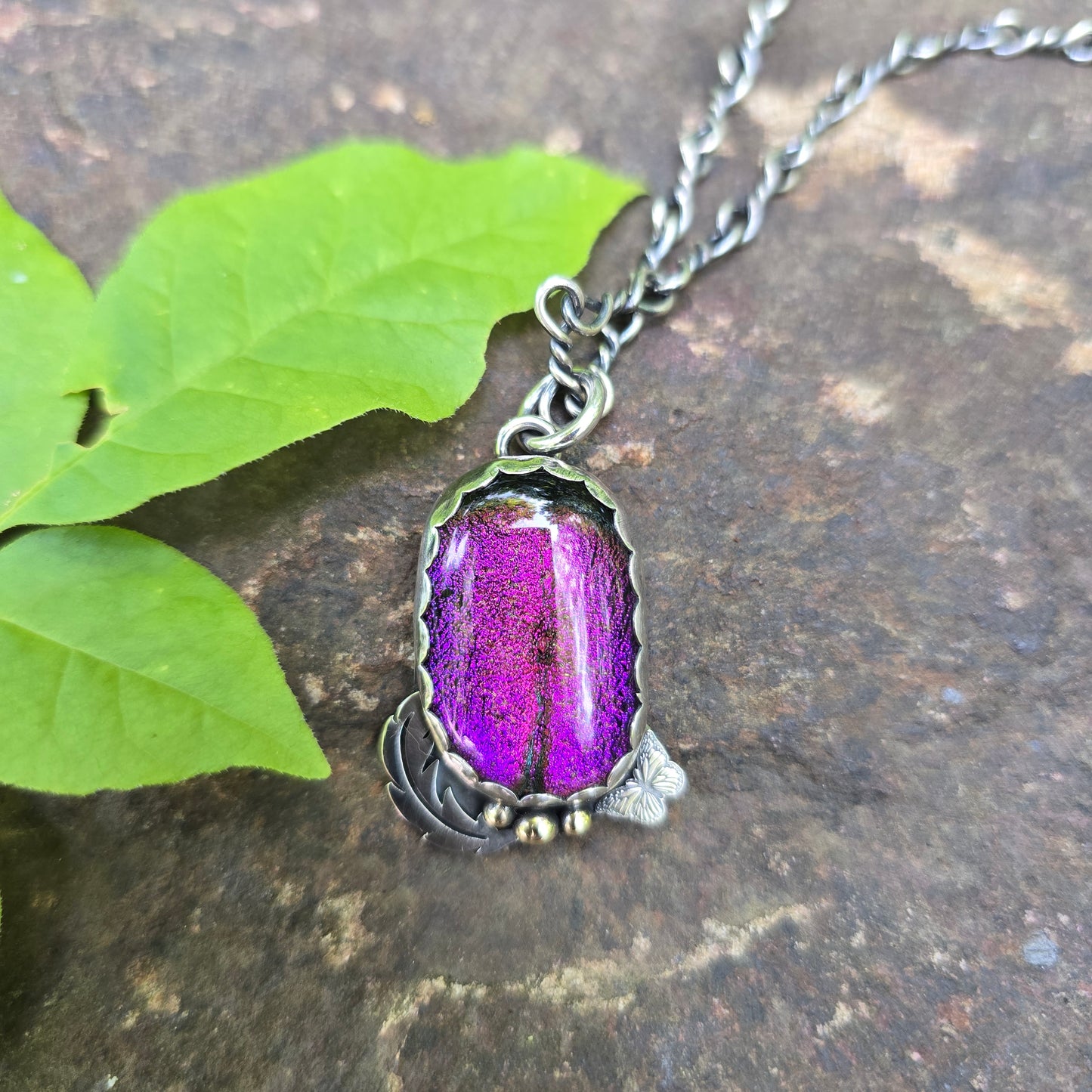 Pink & Orange Dichroic Pendant with Butterfly and Feather (One of a Kind) — 1.5″ Length