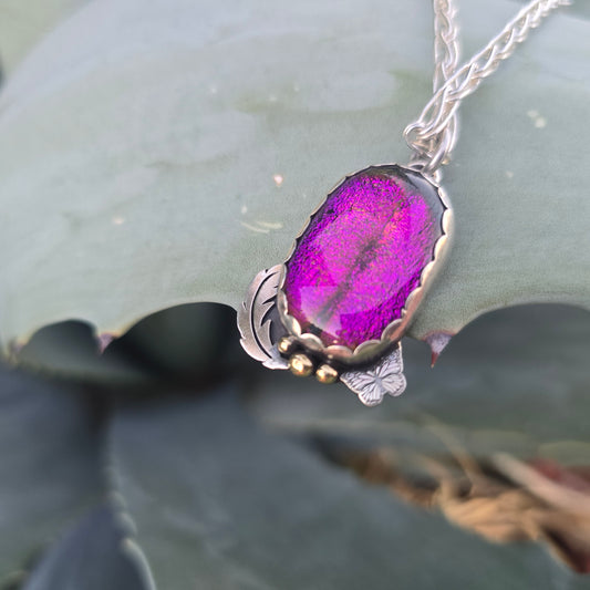 Pink & Orange Dichroic Pendant with Butterfly and Feather (One of a Kind) — 1.5″ Length