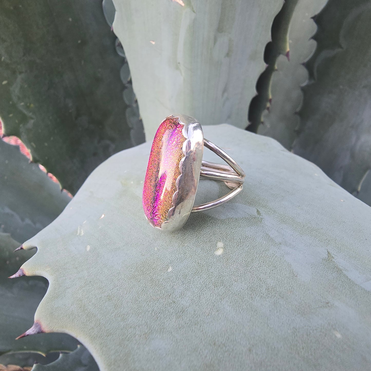 Pink & Orange Dichroic Triple Shank Ring (One of a Kind) — Size 5