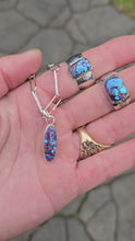 Load and play video in Gallery viewer, purple mohave turquoise wide band rings and dainty pendant displayed together
