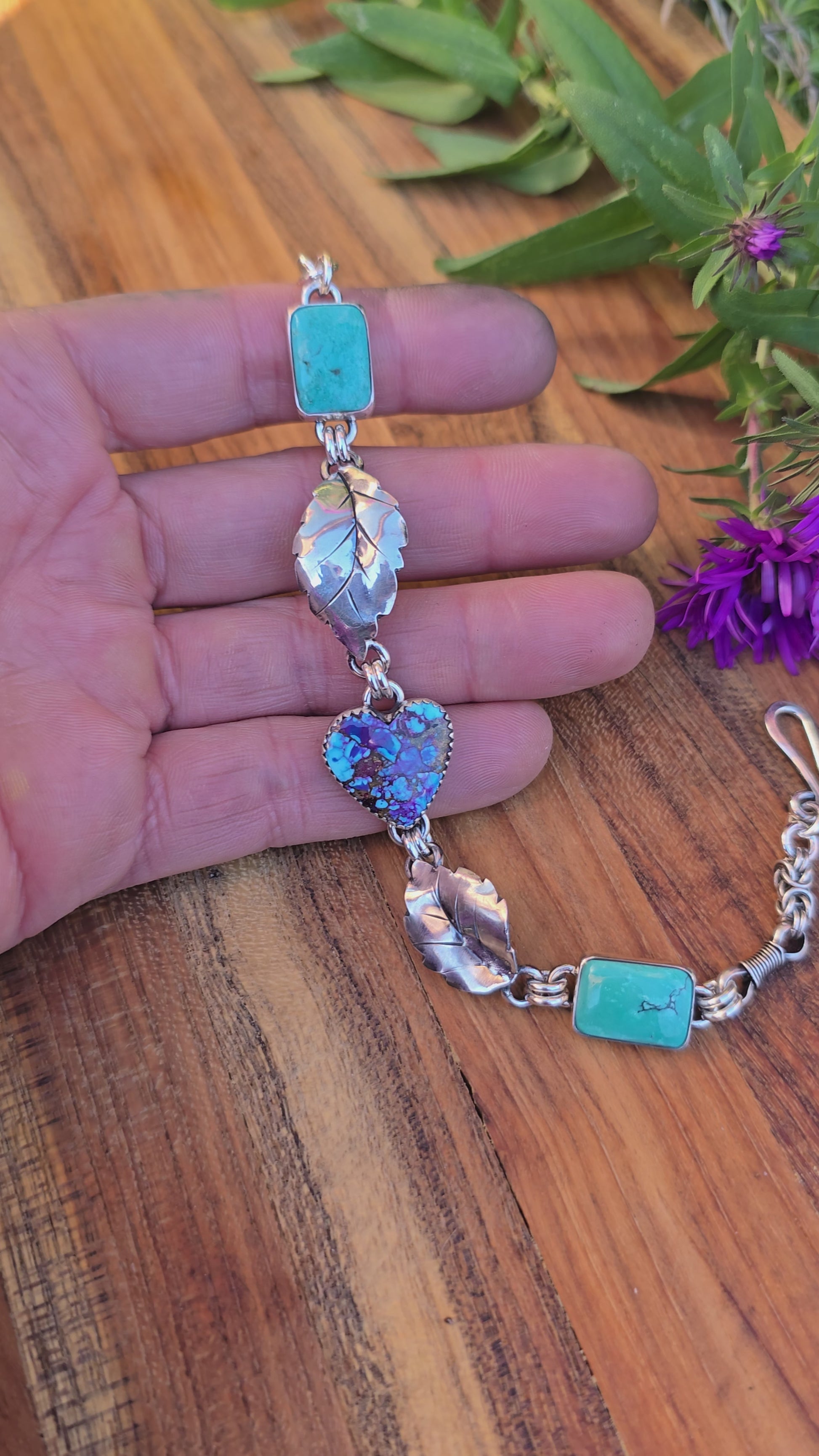 Hand-forged sterling silver journey bracelet with turquoise and hearts, created by Adirondack silversmith Emily Dicob in Northern New York.