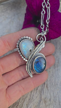 Load and play video in Gallery viewer, Labradorite, Moonstone and Feather Pendant

