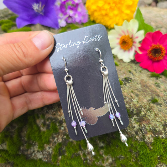 Purple Striped Agate Long Fringe Hand-Forged Sterling Silver Earrings