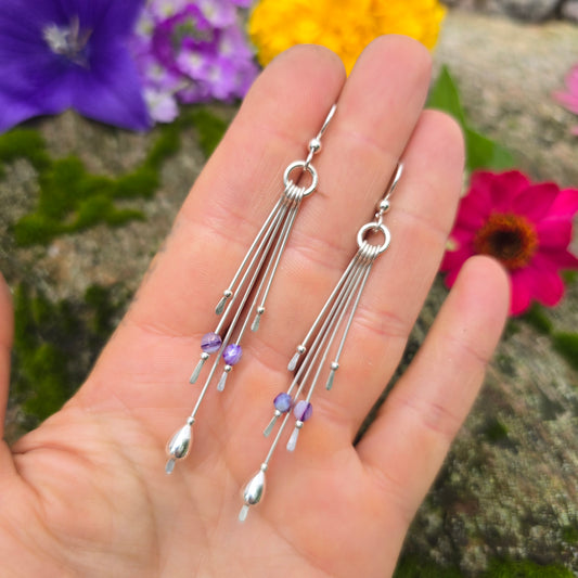 Purple Striped Agate Long Fringe Hand-Forged Sterling Silver Earrings