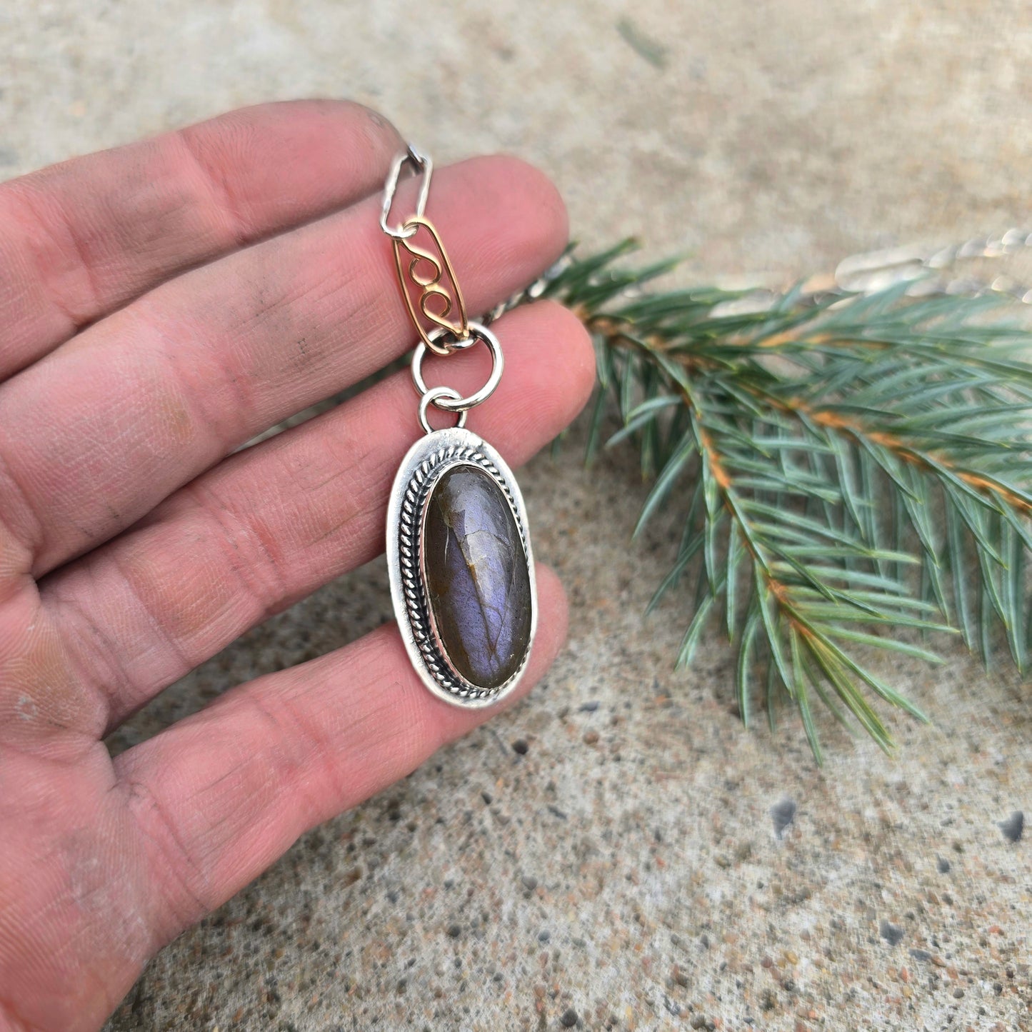 Purple Flash Labradorite Pendant with Rope Border in Sterling Silver