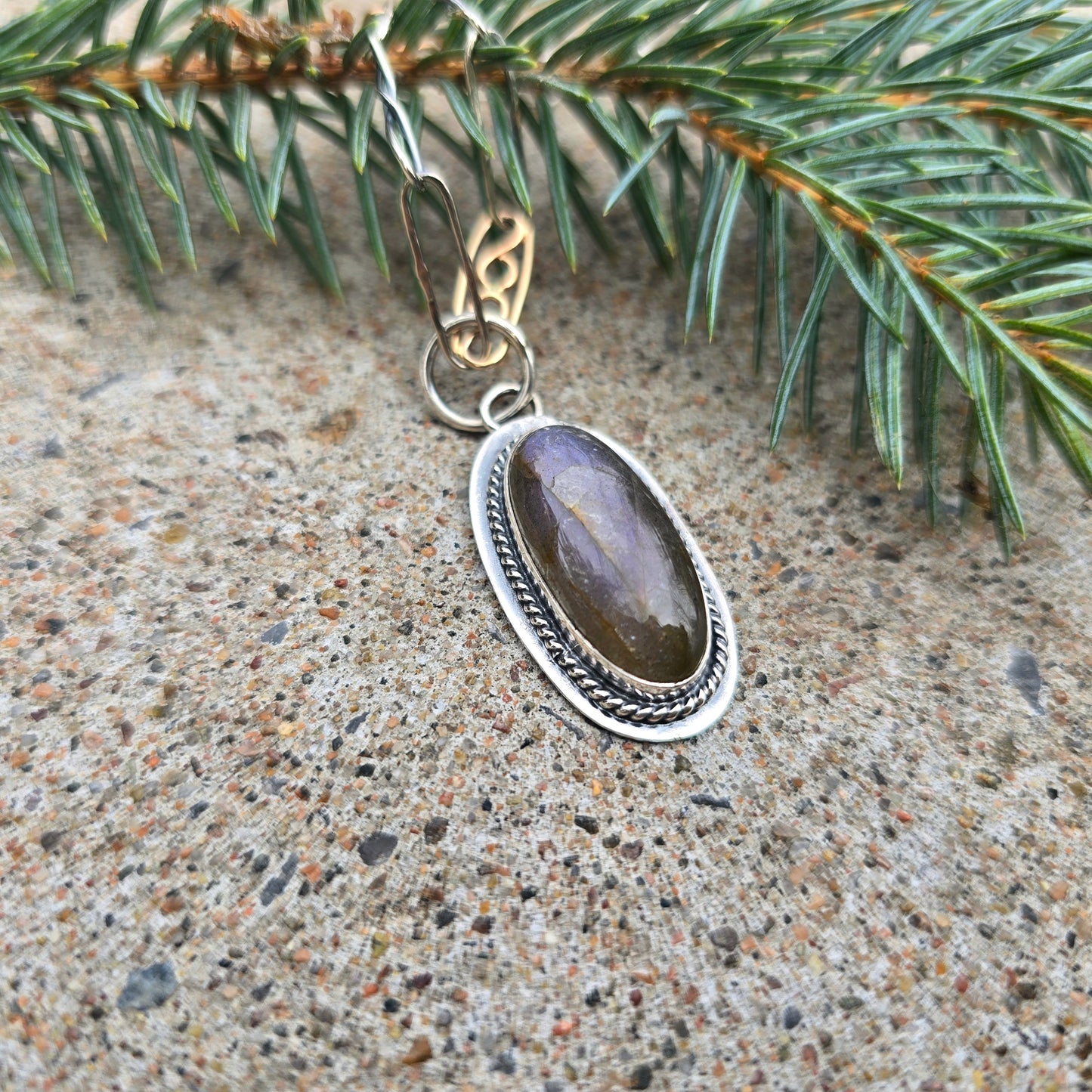 Purple Flash Labradorite Pendant with Rope Border in Sterling Silver