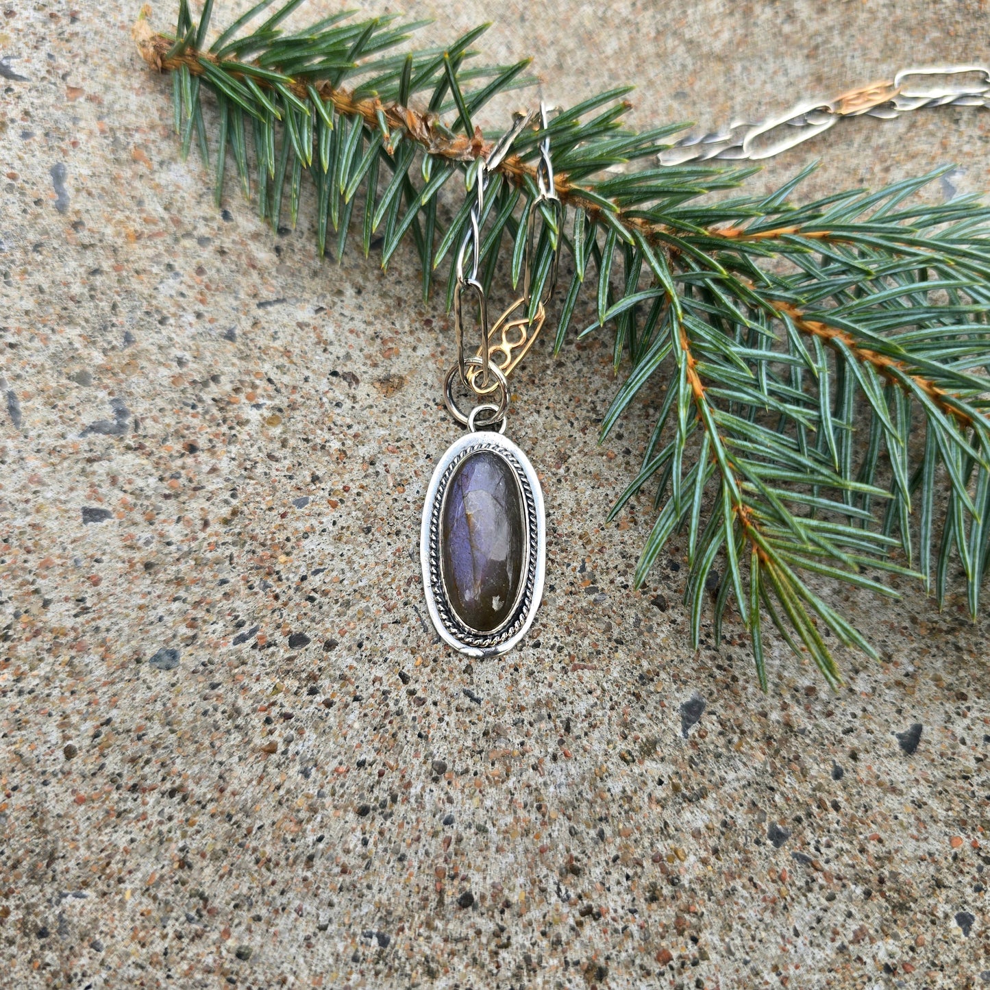 Purple Flash Labradorite Pendant with Rope Border in Sterling Silver