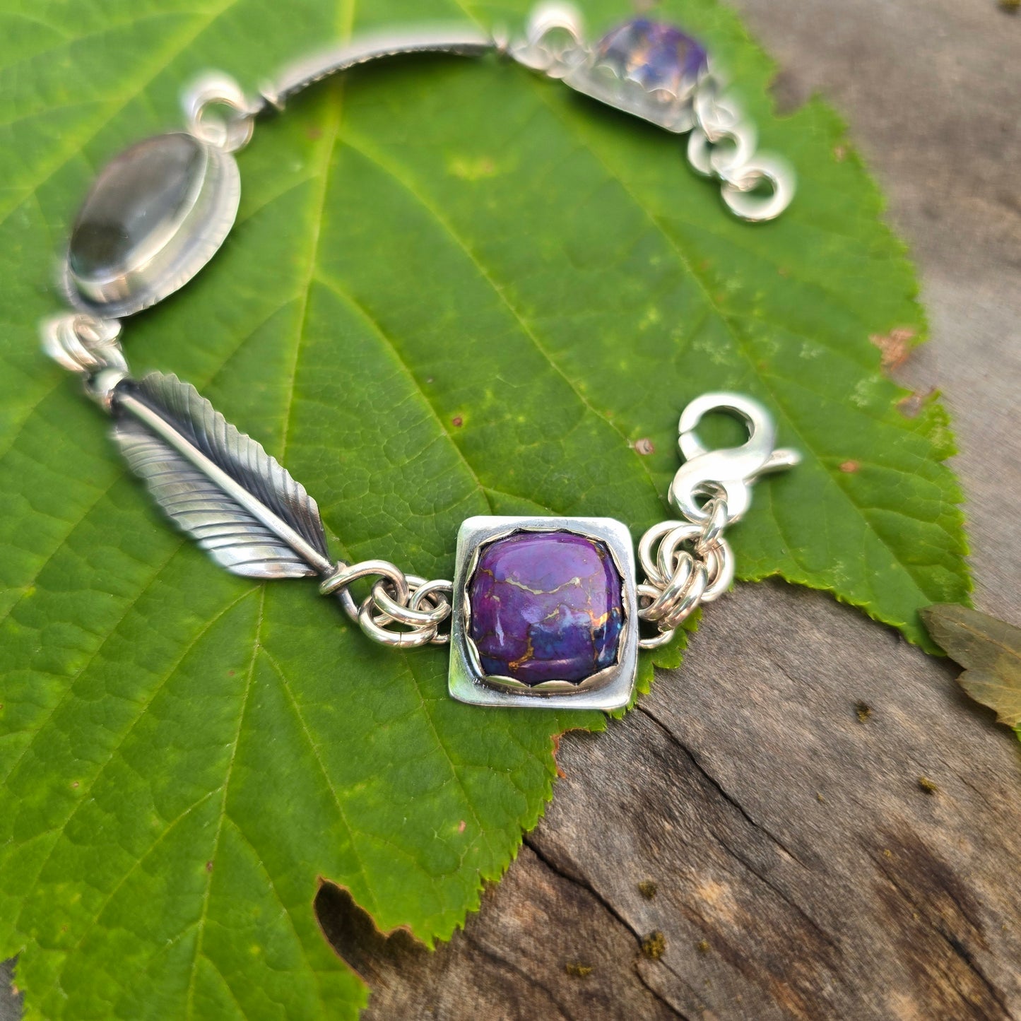 Purple Flash Labradorite, Feather & Mojave Turquoise Chain Link Bracelet