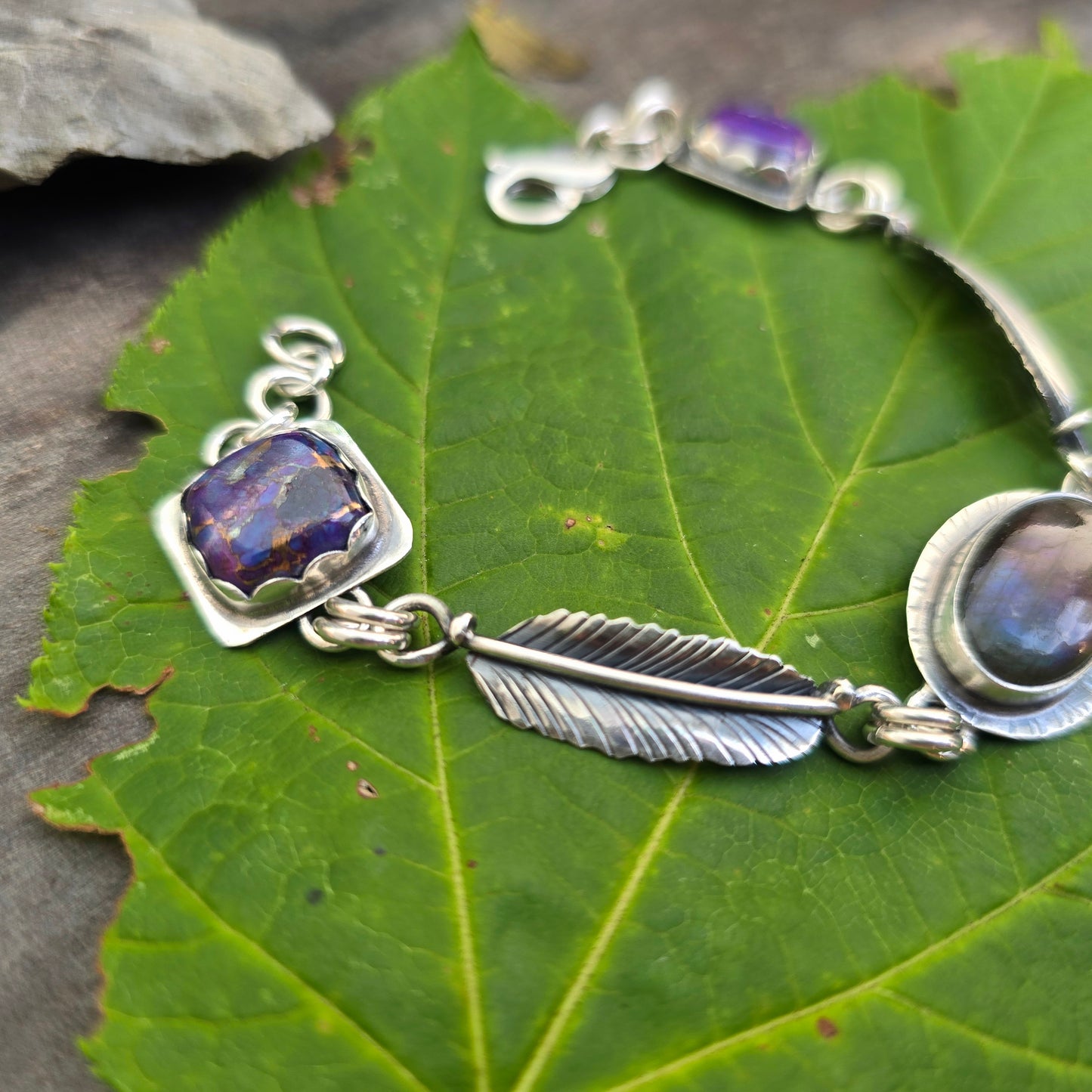 Purple Flash Labradorite, Feather & Mojave Turquoise Chain Link Bracelet