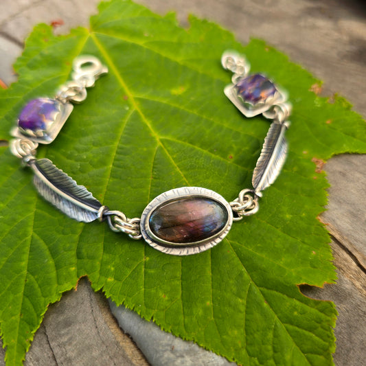 Purple Flash Labradorite, Feather & Mojave Turquoise Chain Link Bracelet