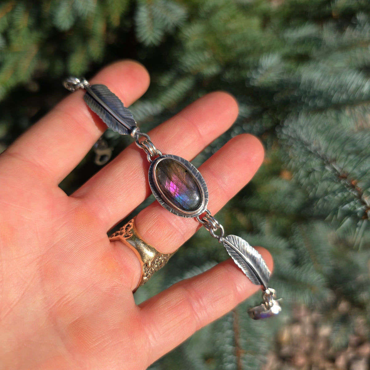 Purple Flash Labradorite, Feather & Mojave Turquoise Chain Link Bracelet
