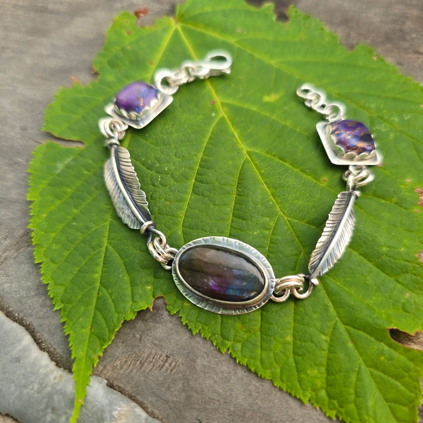 Purple Flash Labradorite, Feather & Mojave Turquoise Chain Link Bracelet