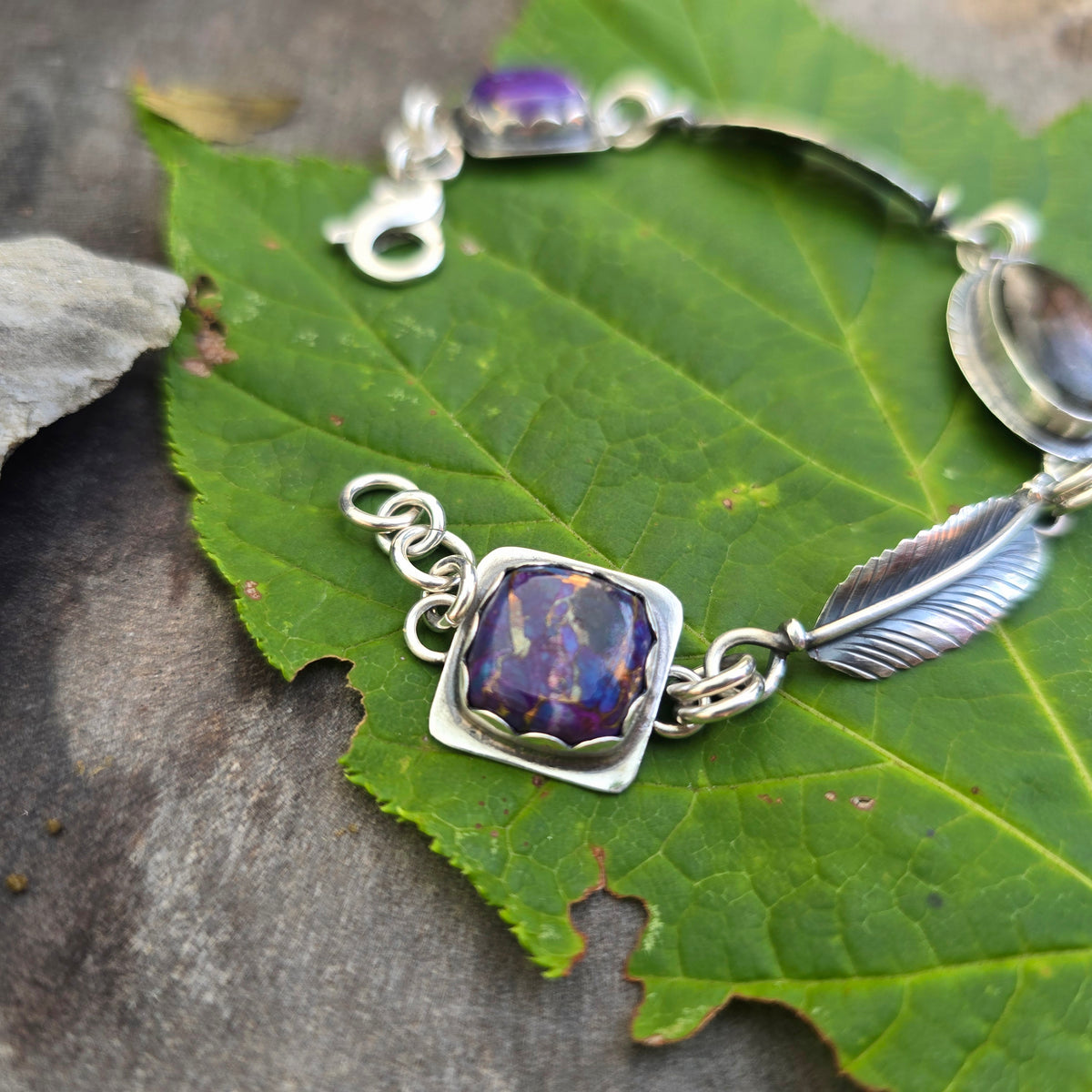 Purple Flash Labradorite, Feather & Mojave Turquoise Chain Link Bracelet