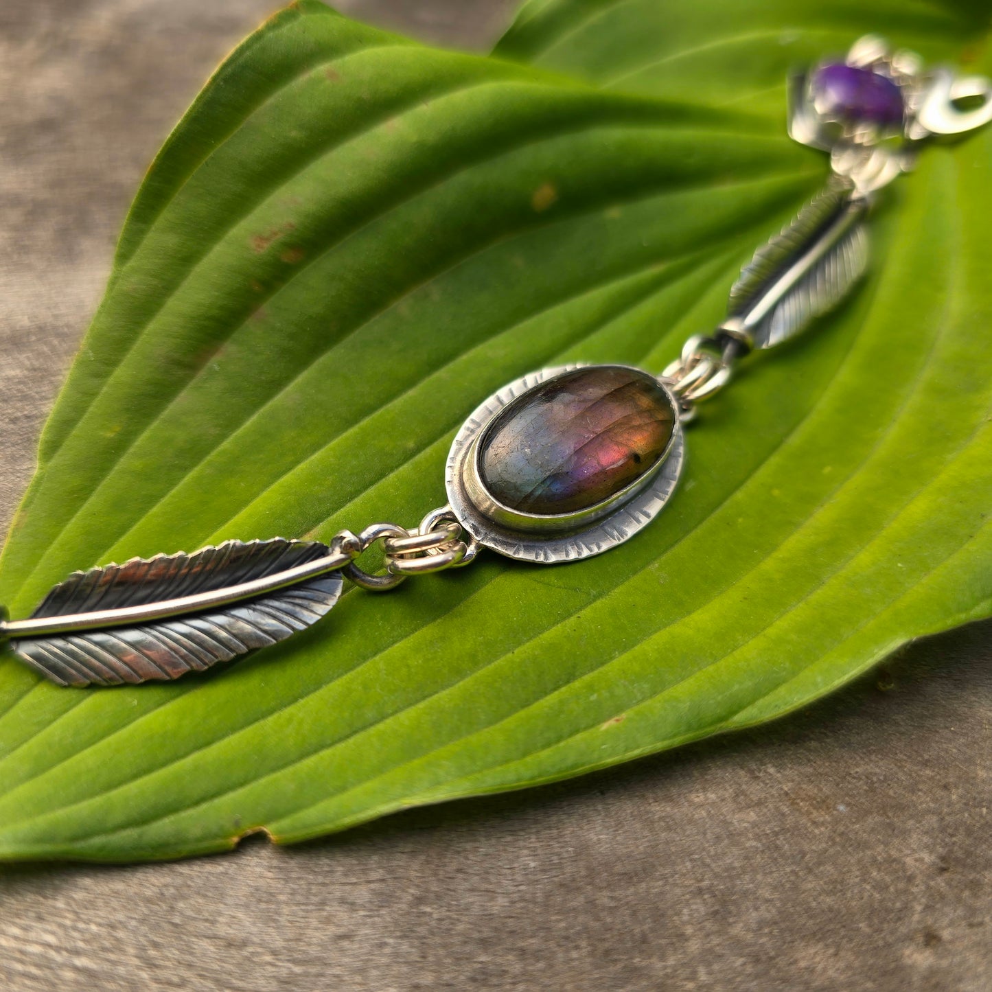 Purple Flash Labradorite, Feather & Mojave Turquoise Chain Link Bracelet