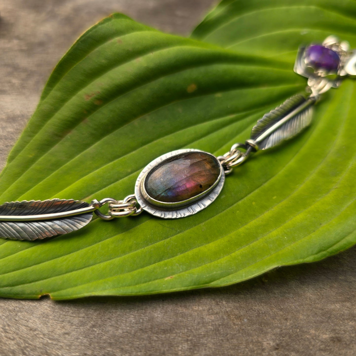 Purple Flash Labradorite, Feather & Mojave Turquoise Chain Link Bracelet