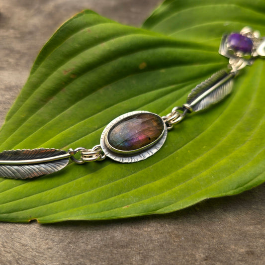 Purple Flash Labradorite, Feather & Mojave Turquoise Chain Link Bracelet