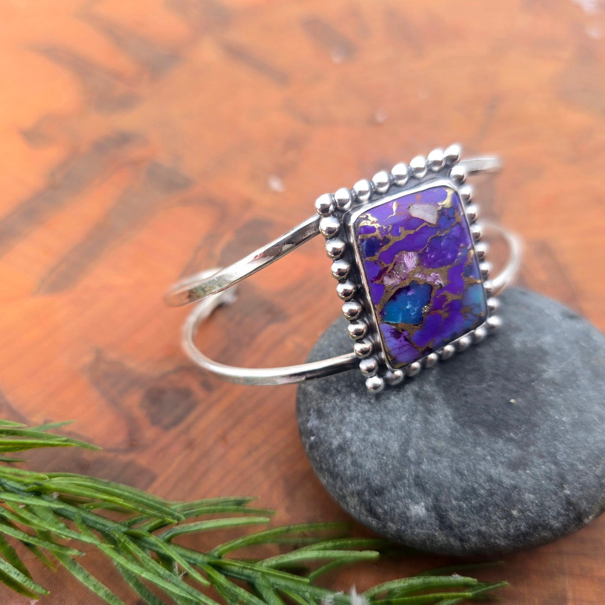 Purple Mohave turquoise square cuff bracelet in sterling silver