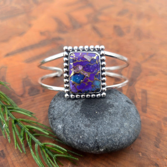 Square purple Mohave turquoise set in sterling silver cuff