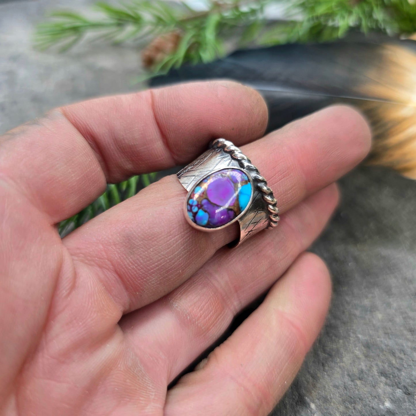 Hand-Forged Purple Mohave Sterling Silver Wave Shank Ring