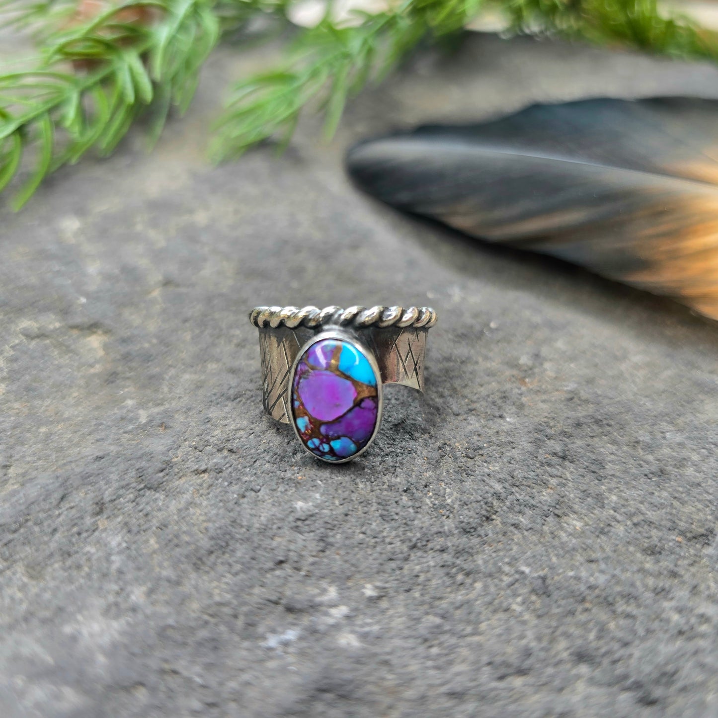 Hand-Forged Purple Mohave Sterling Silver Wave Shank Ring