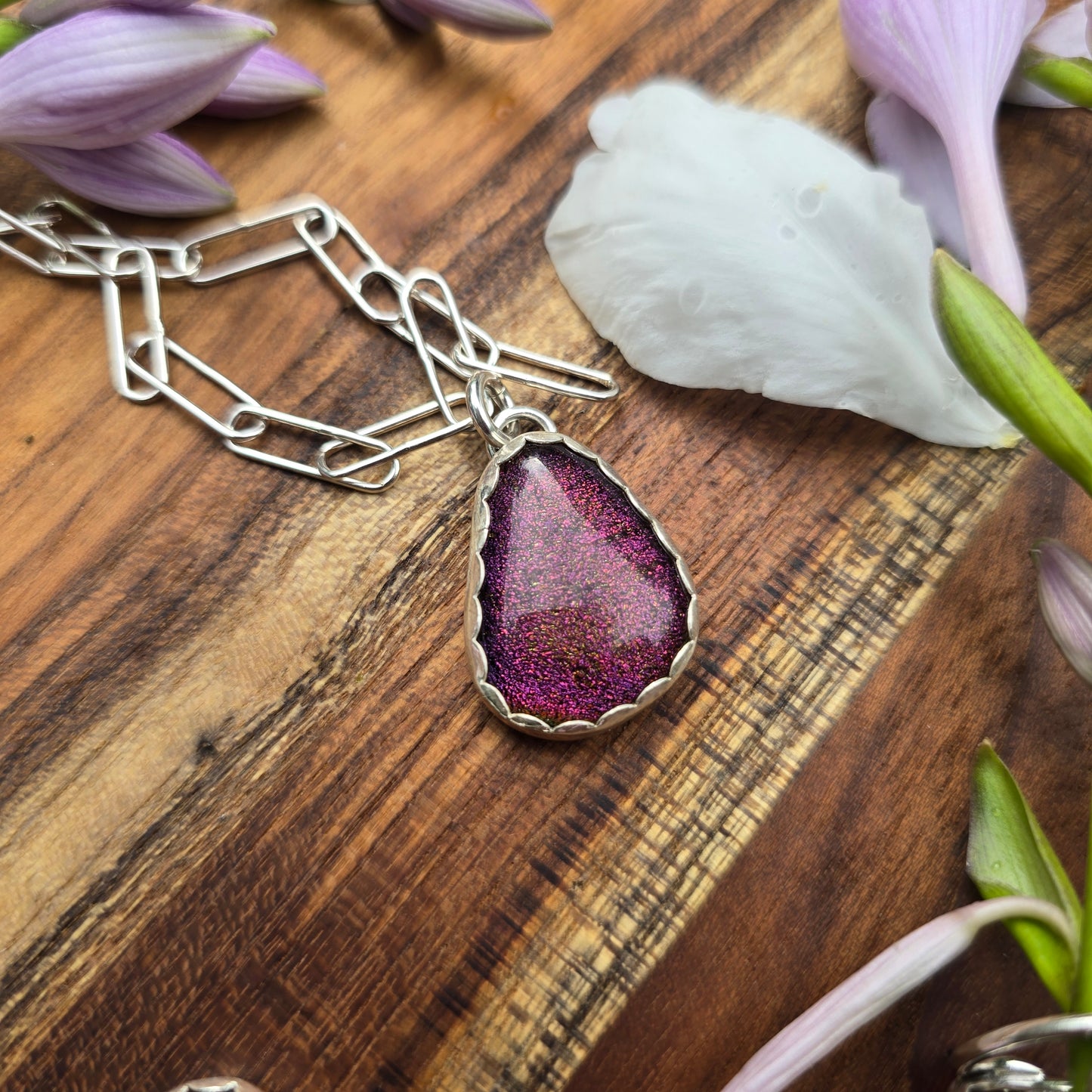 Sterling silver and simple red dichroic glass pendant