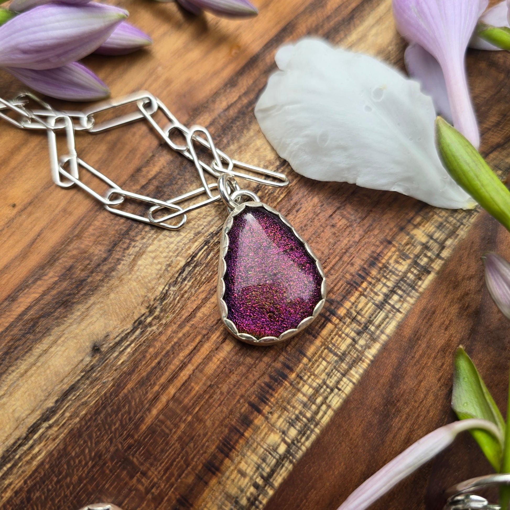 Sterling silver and simple red dichroic glass pendant