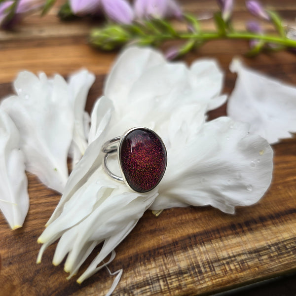 Sterling silver and simple red dichroic glass ring
