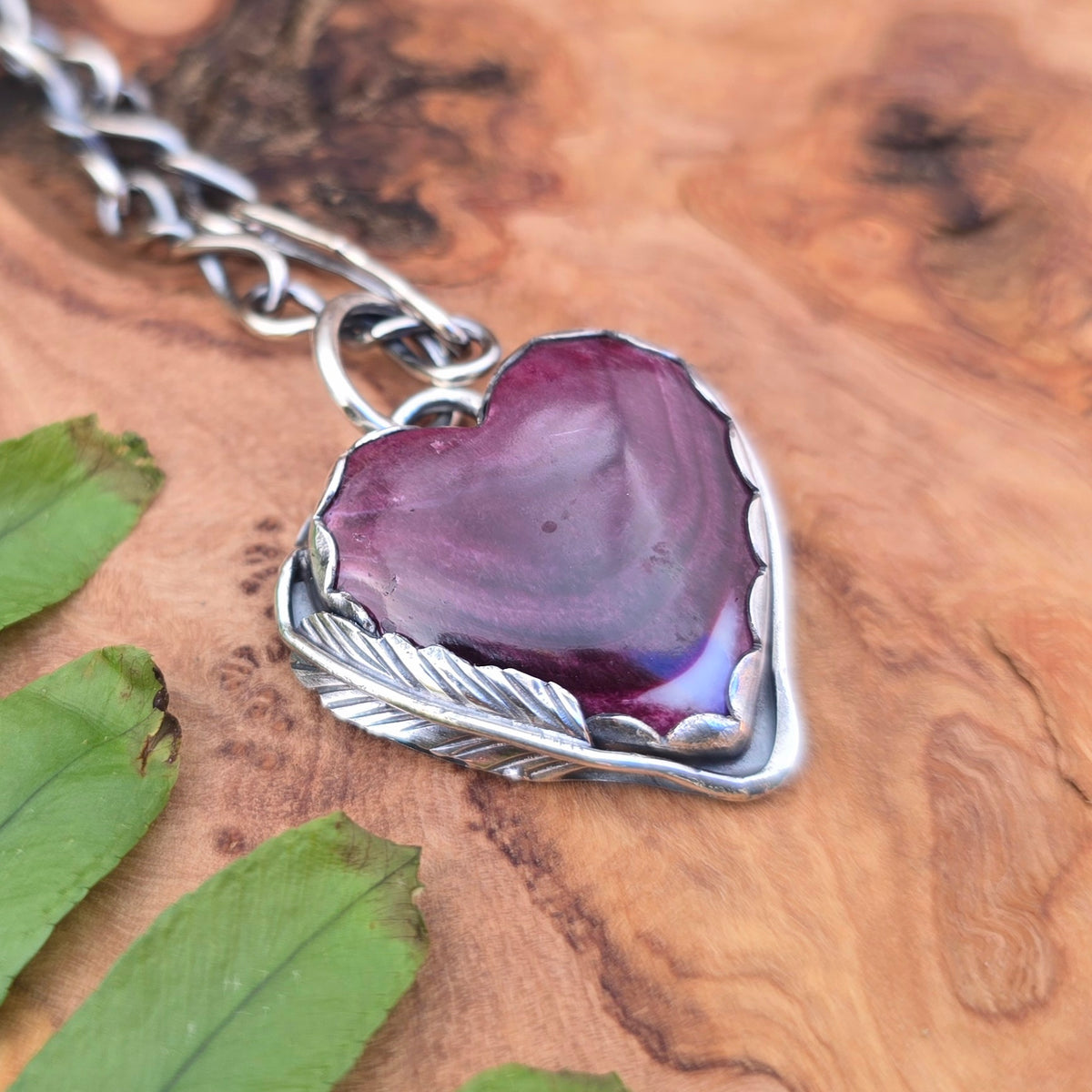 Purple Spiny Oyster Heart and Feather Pendant