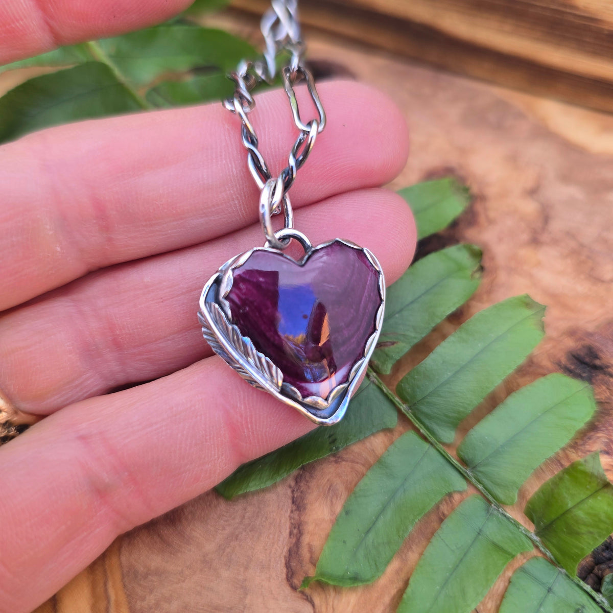 Purple Spiny Oyster Heart and Feather Pendant