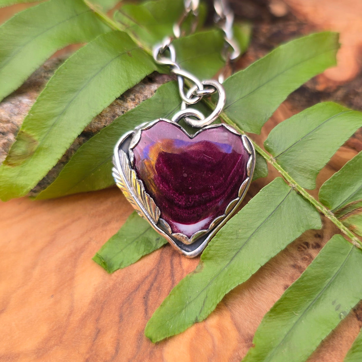 Purple Spiny Oyster Heart and Feather Pendant
