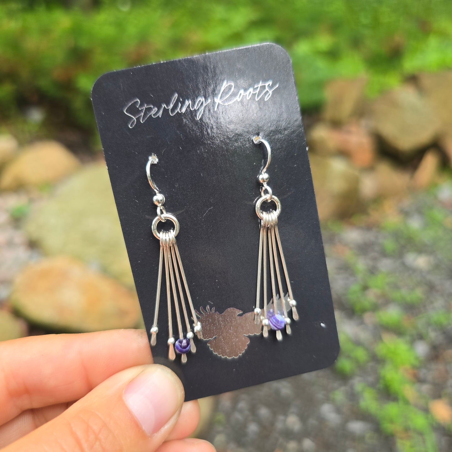Purple Striped Agate Fringe Hand-Forged Sterling Silver Earrings