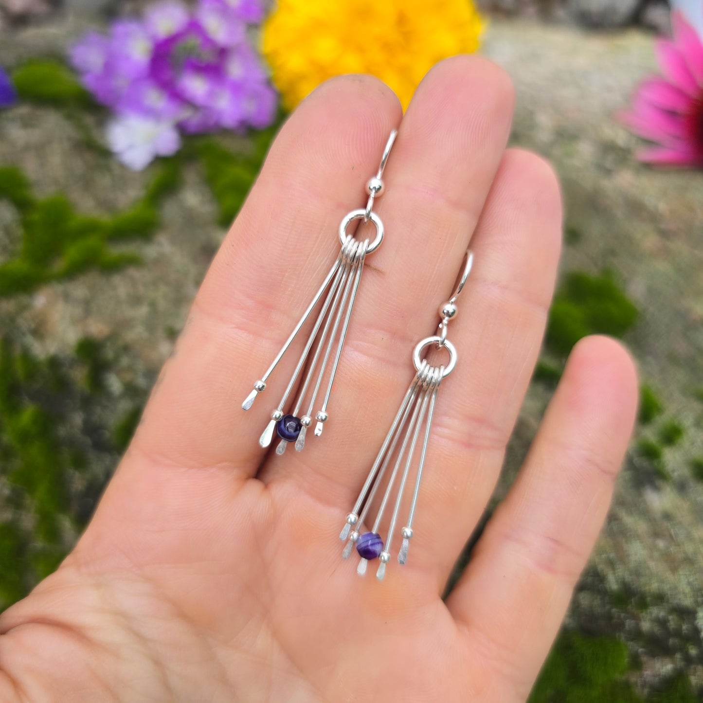 Purple Striped Agate Fringe Hand-Forged Sterling Silver Earrings