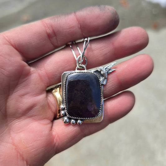 Sugilite Hummingbird Pendant — One-of-a-Kind Sterling Silver Statement