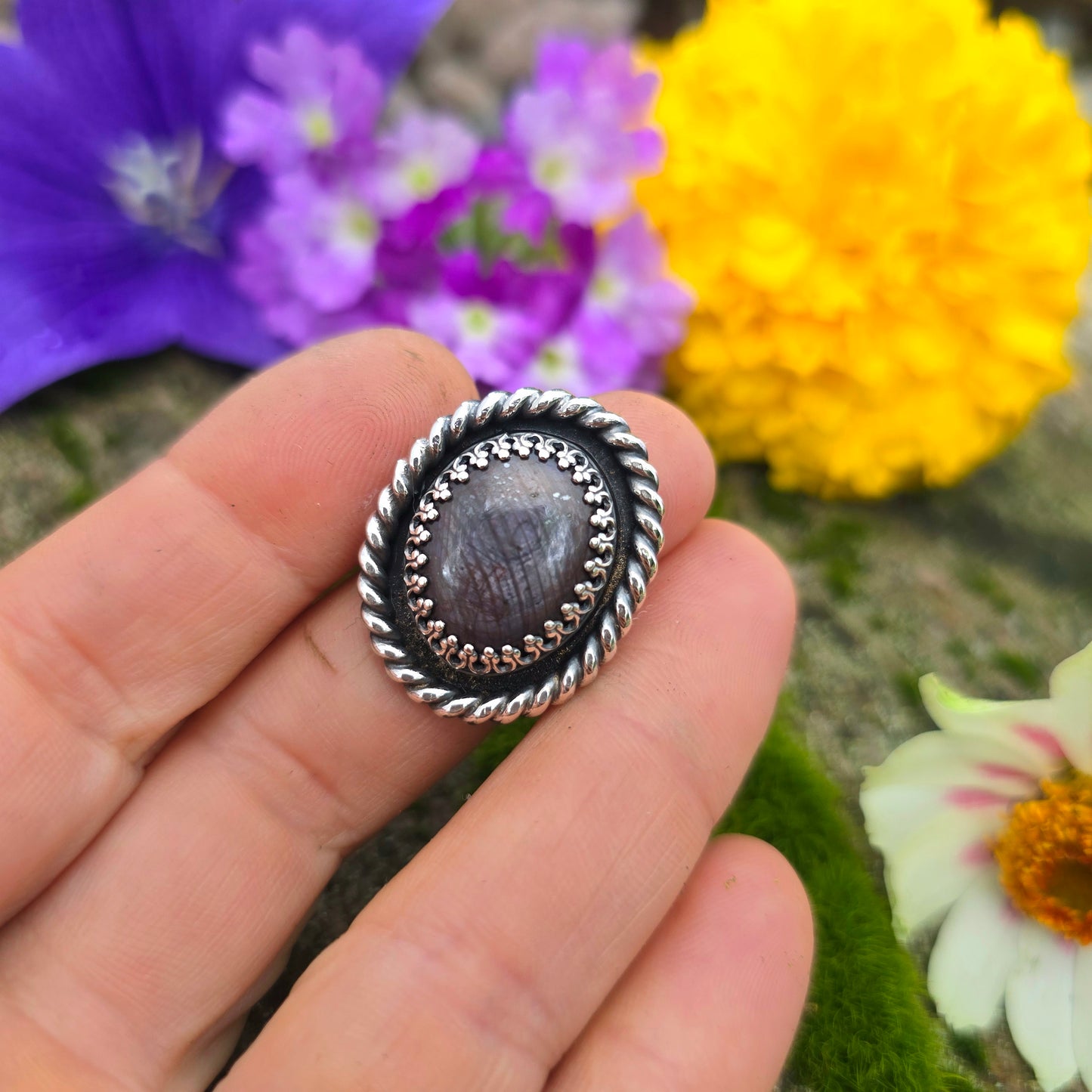 Heavy Twisted Wire Purple Sunstone Hand-Forged Sterling Silver Statement Ring