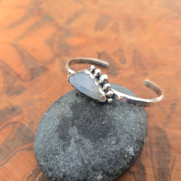 Rainbow moonstone and bead accent cuff in sterling silver