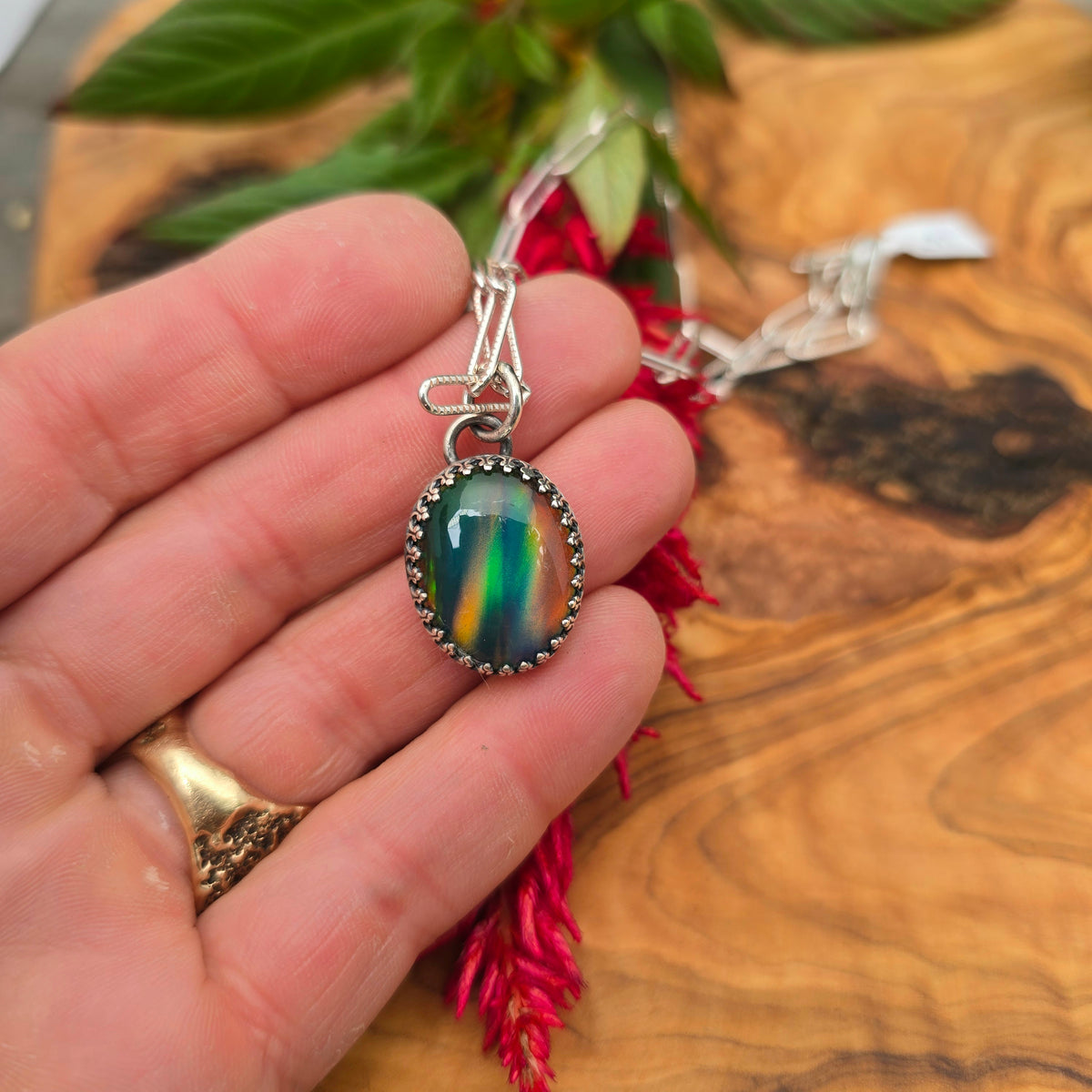 Rainbow Fire Aurora Doublet Sterling Silver Pendant