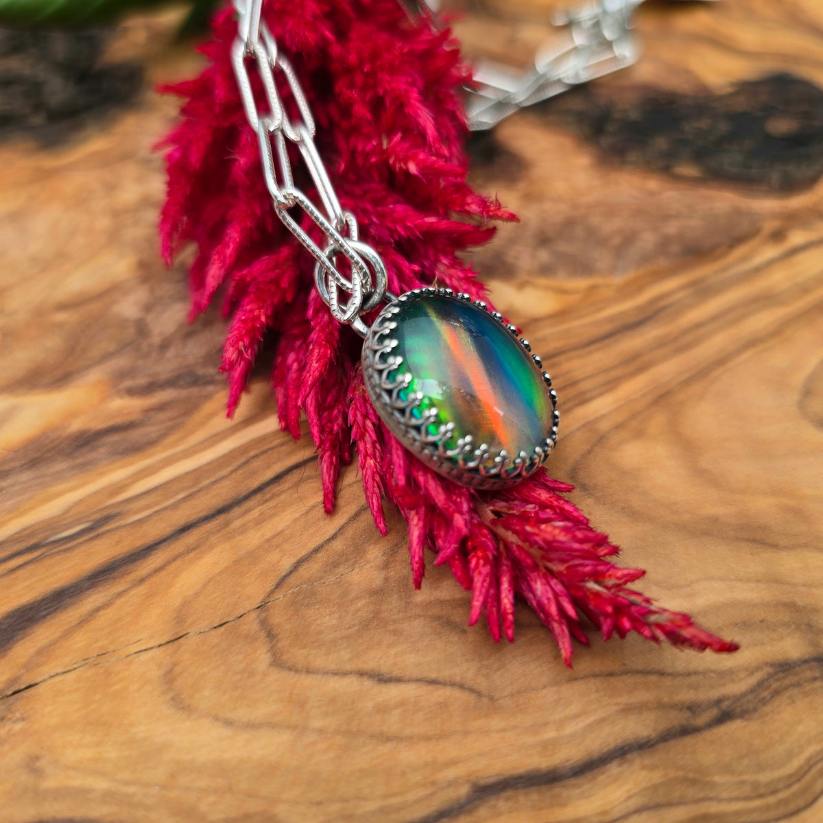Rainbow Fire Aurora Doublet Sterling Silver Pendant