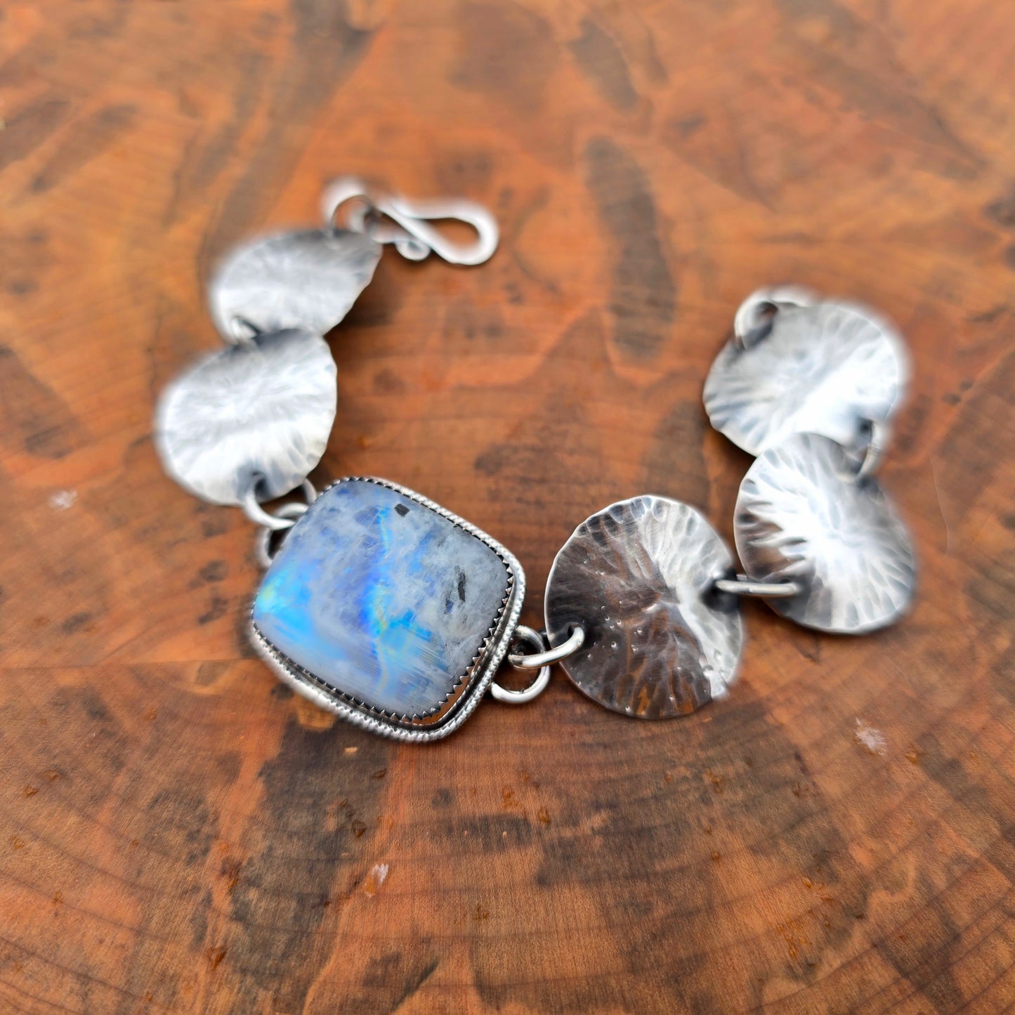 Rainbow moonstone concho bracelet in sterling silver