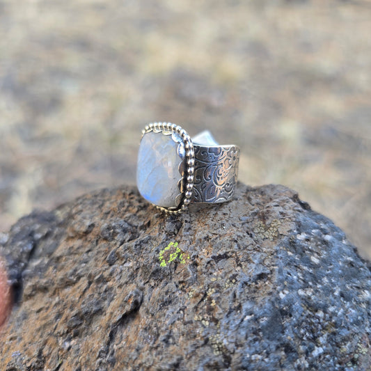 Square Rainbow Moonstone Floral Ring (One of a Kind) — Size 9