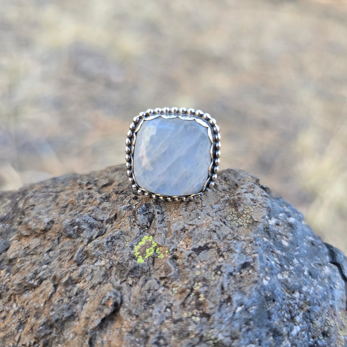 Square Rainbow Moonstone Floral Ring (One of a Kind) — Size 9