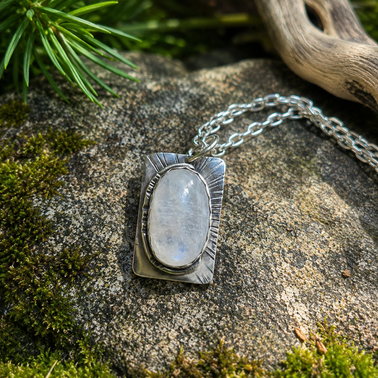 Rainbow Moonstone Sunburst Hand-Forged Sterling Silver Pendant