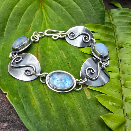 Rainbow Moonstone & Swirl Concho Sterling Silver Bracelet