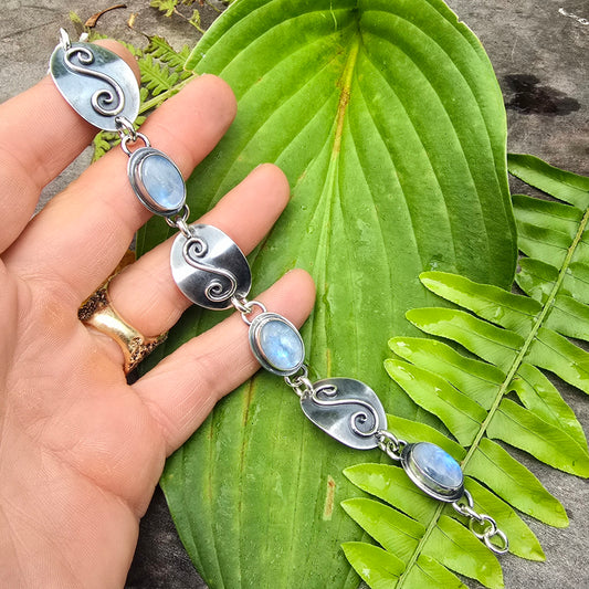 Rainbow Moonstone & Swirl Concho Sterling Silver Bracelet