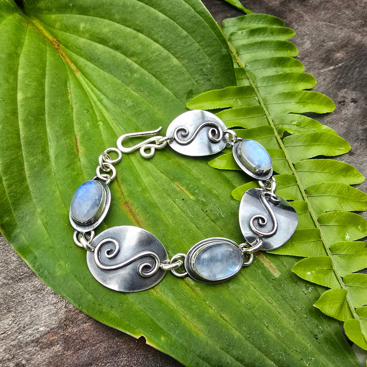 Rainbow Moonstone & Swirl Concho Sterling Silver Bracelet