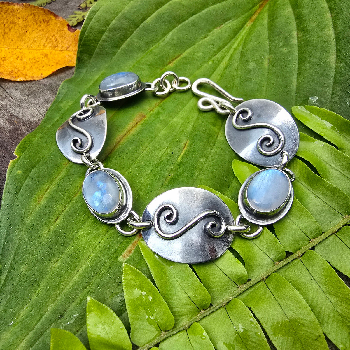 Rainbow Moonstone & Swirl Concho Sterling Silver Bracelet