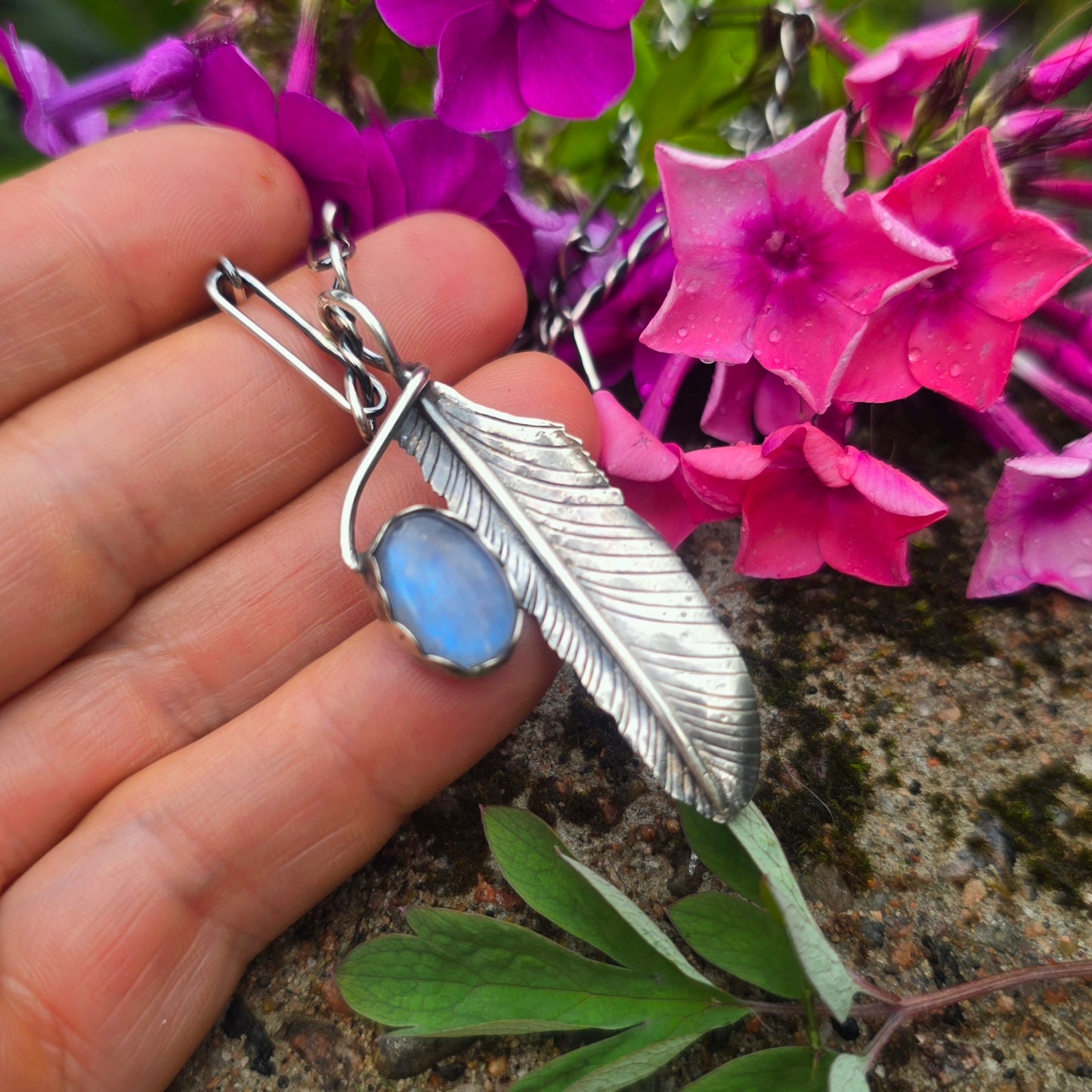 Rainbow Moonstone & Feather Hand-Forged Sterling Silver Pendant