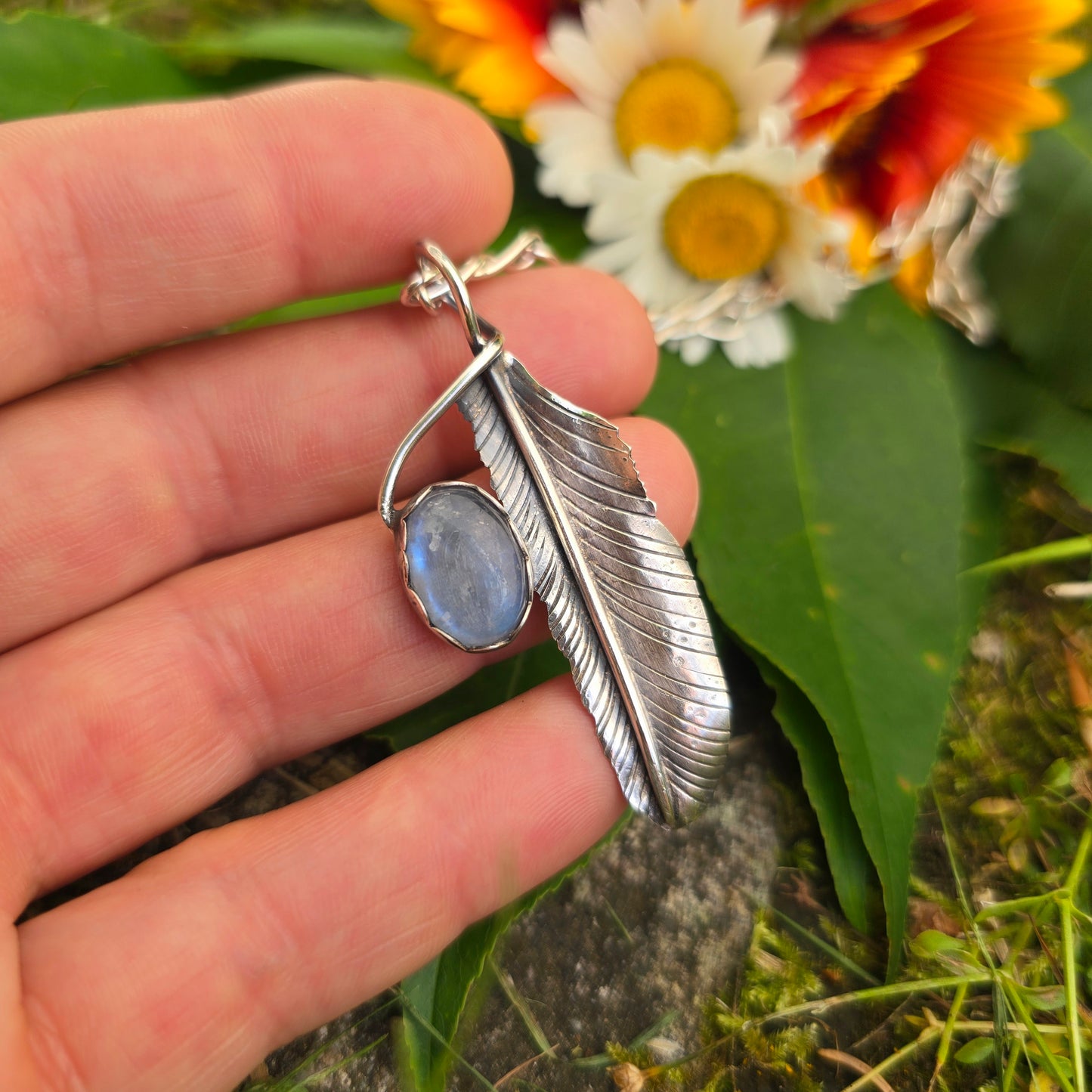 Rainbow Moonstone & Feather Hand-Forged Sterling Silver Pendant