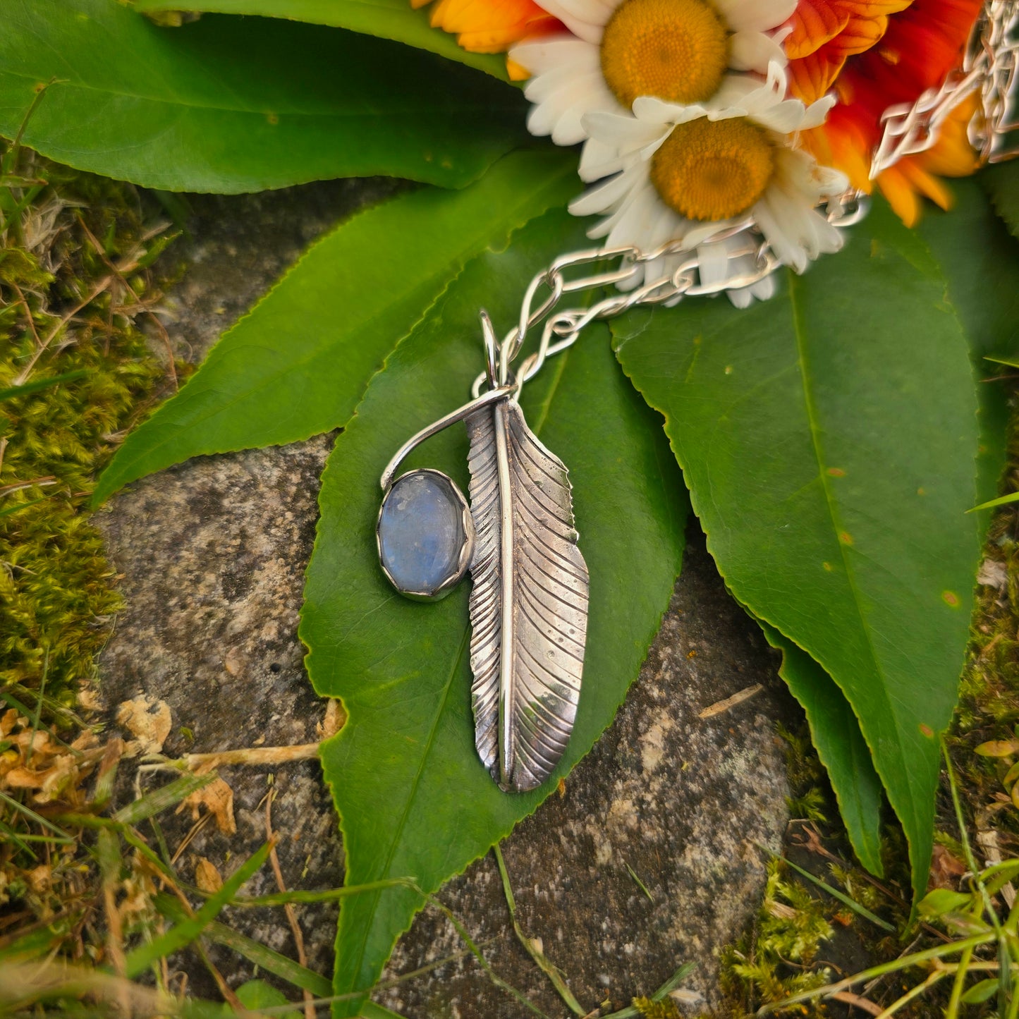 Rainbow Moonstone & Feather Hand-Forged Sterling Silver Pendant